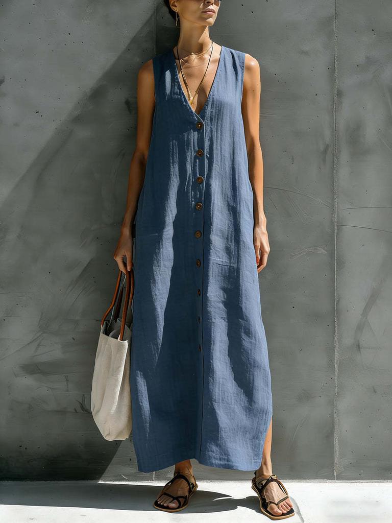 2026 European and American women's clothing summer loose cotton and linen V-neck button sleeveless long dress