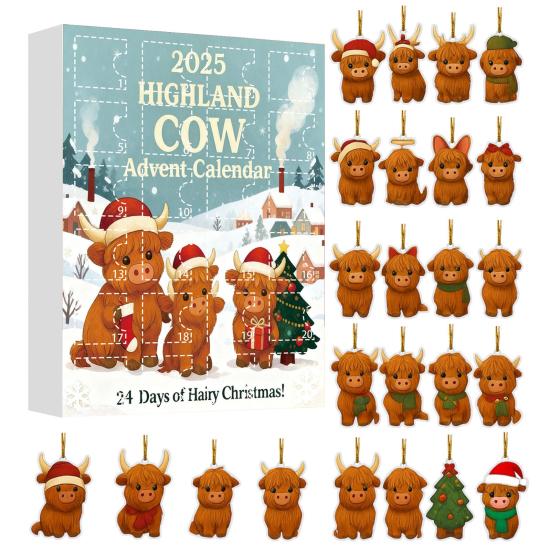 Highlandská kráva Adventní kalendář 2025 24denní krabička pro odpočítávání Vánoc s ozdobami Multifunkční dekorace na stromeček a sváteční zábava pro děti