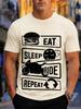 2026 New Arrival 100 Cotton Tshirt Eat Sleep Ride Repeat Motorcycle Burger Biker Slogan Print Crew Neck Casual Tee