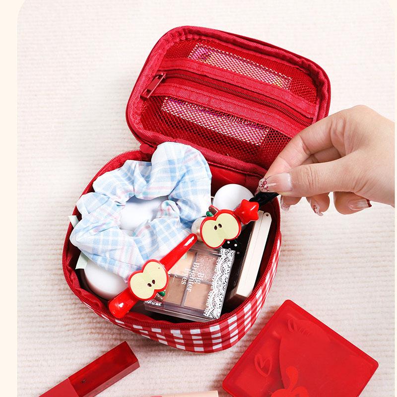 Cute Red Purple Plaid Handbag Zipper Travel Portable Cushion Case & Makeup Pouch Small Large Toiletry Cosmetic Bag for Women