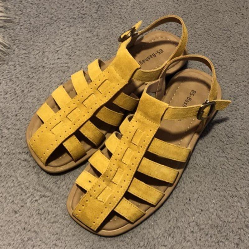 

Fashion High Quality Faux Suede Narrow Band Flat Sandals Women T Strap Round Toe Roman Shoes Summer Casual Soft Bottom Beach Sandals 39 жёлтый