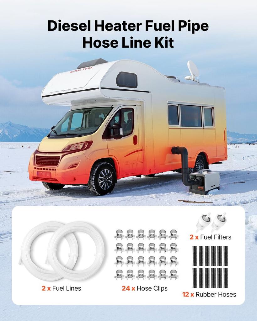 Fuel Pipe Hose Line Kit, 5000mm Diesel Heater Fuel Line Kit, Replaceable Parking Heater Fuels Lines Kits with Lines Filters Clips & Hoses, Tank Diesel
