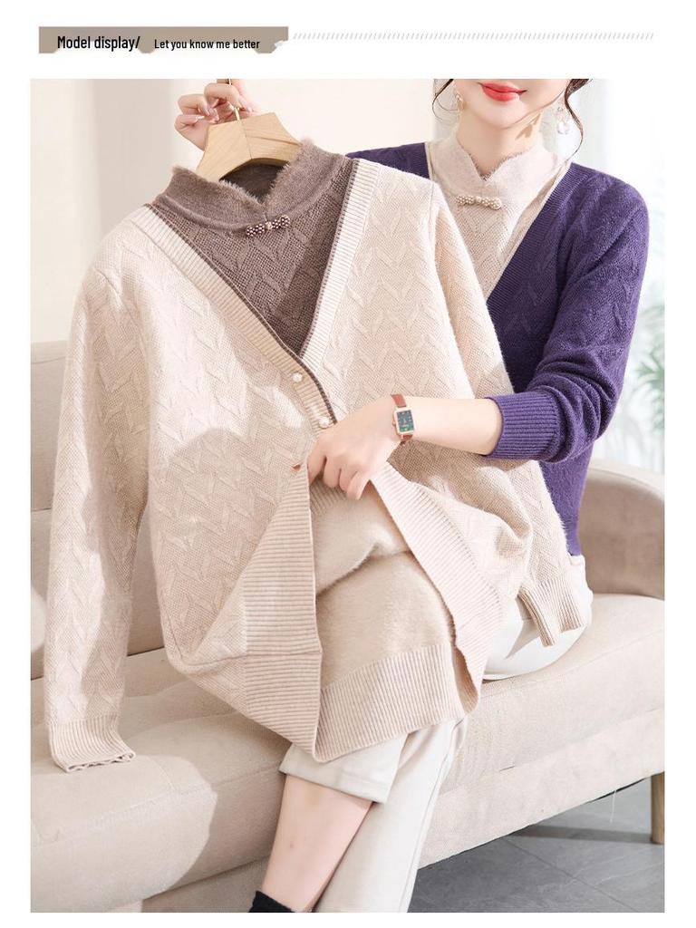 2025 Autumn/Winter New Arrival: Loose Long Sleeve Knit Sweater for Middle-Aged and Elderly Women - Simple, Comfortable Fake Two-Piece Style