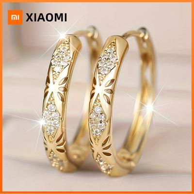 Huitan Novel Gold Color Textured Hoop Earrings for Women Wedding Creative Party Luxury with Shiny Cubic Zirconia Lady Jewelry