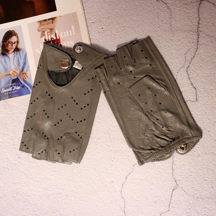 

Женские летние модные перчатки без пальцев из натуральной кожи для вождения, полые, тонкие, без подкладки, для езды на мотоцикле 7