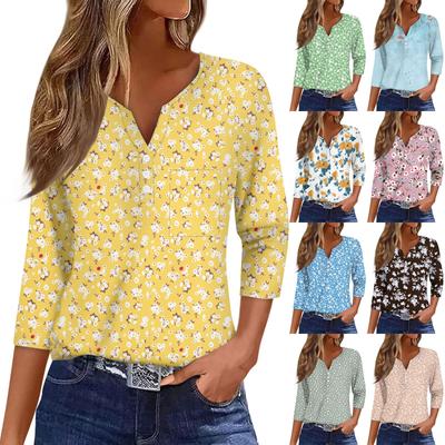 Moda Casual para Mujer Cuello en V Holgado Versátil Estampado Floral Mangas Tres Cuartos