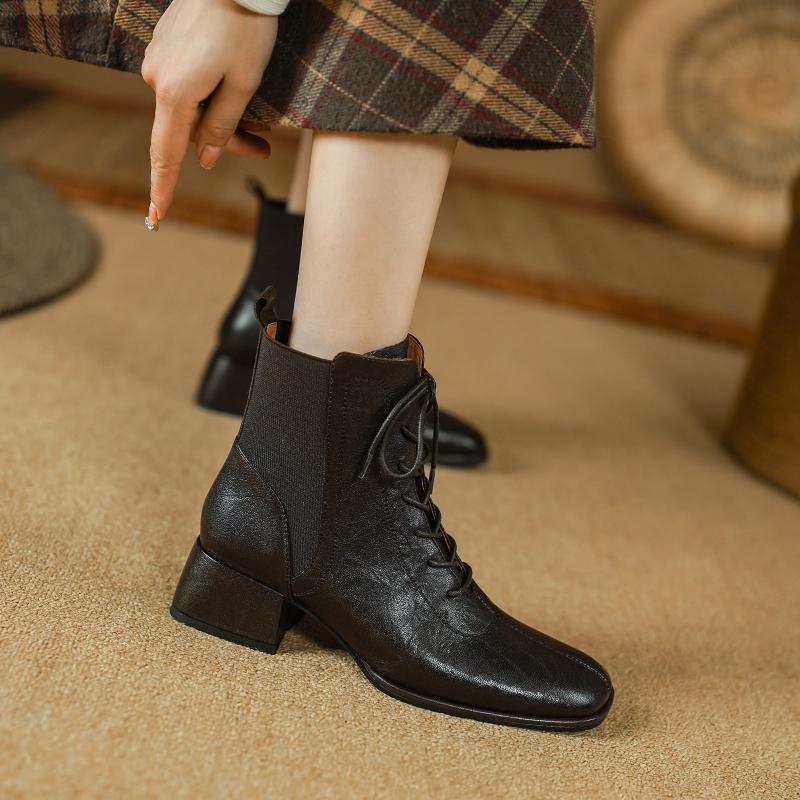 NEW Autumn Women Boots Genuine Leather Shoes for Women Round Toe Chunky Heel Boots Women Lace-up Ankle Boots Low Heel Lady Shoes