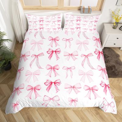 Homewish Girly Pink Bowknot Duvet Cover Set,Kawaii Princess Bow-tie Bedding Set,Cartoon Ribbon Style Bed Set