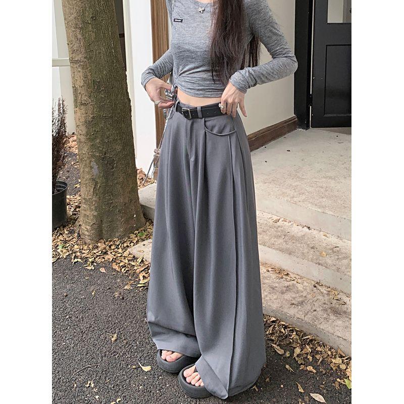 

Kumikumi Модный Минималистичный Однотонный Костюм Повседневные Брюки Женские Осенние Свободные Стройнящие Брюки с Широкими Штанинами Gray S