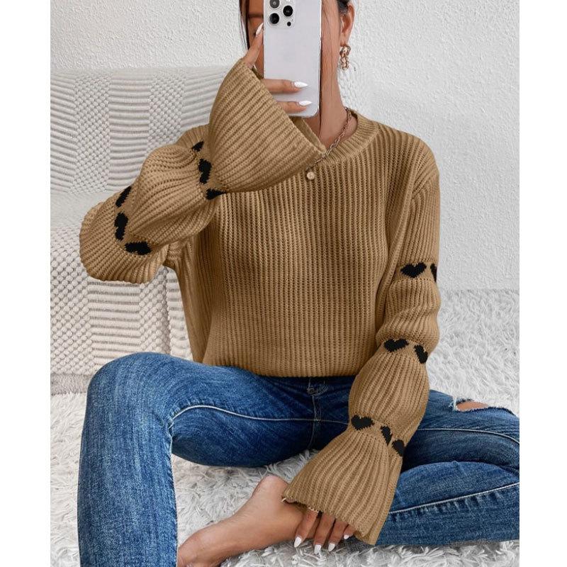 Autumn and winter European and American sweater for women, loose long-sleeve elbow heart pullover crew neck knit top for women
