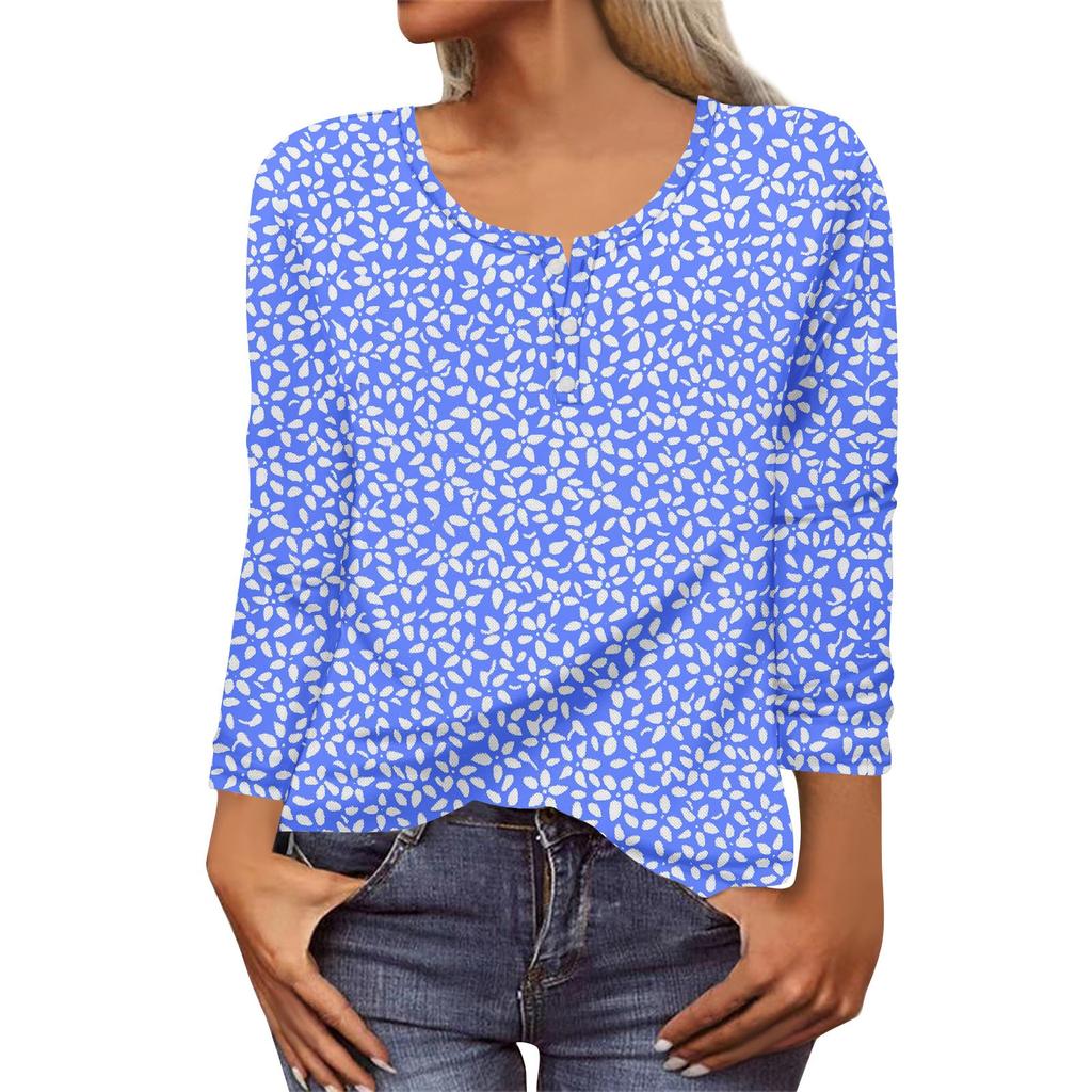 Women's New Button-Down Fashion Print Long Sleeves T-Shirt Slim Top Casual Tops