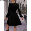 MODIQUE 2025 Spring New Women's Elegant Corduroy Solid Color Lantern Sleeves Elastic Waist Pleated Short Dress Ladies Casual A-Line V-Neck Dress