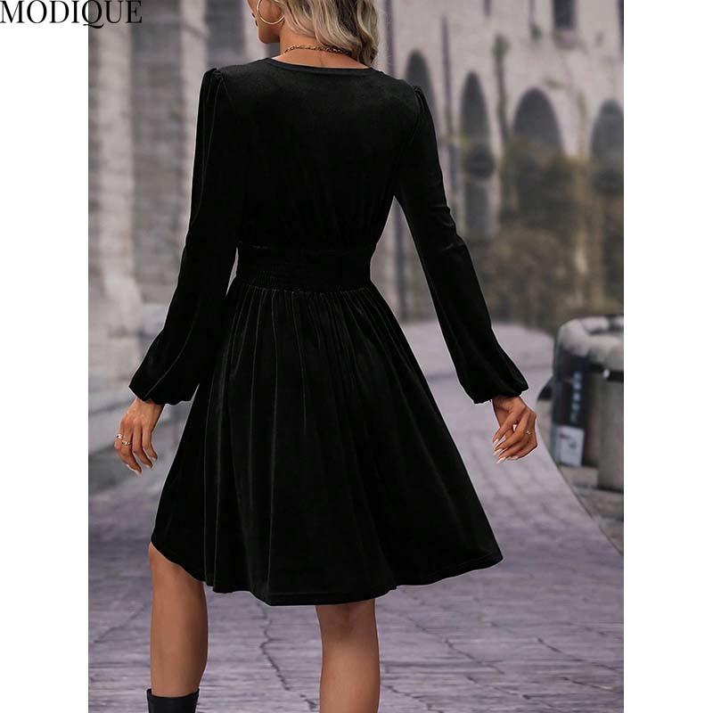 MODIQUE 2025 Spring New Women's Elegant Corduroy Solid Color Lantern Sleeves Elastic Waist Pleated Short Dress Ladies Casual A-Line V-Neck Dress