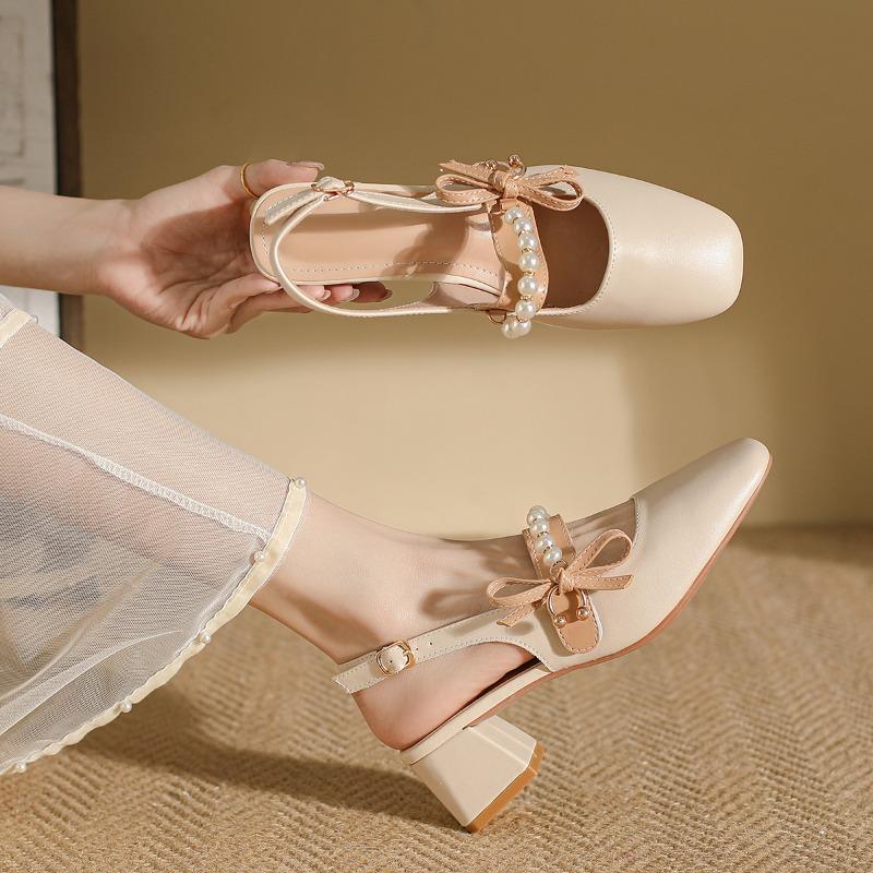 Fashion Multi Designs Apricot Women's Sandals Cover Toe Chunky Heel Office Lady Sandals Fashion French Butterfly Knot Beads Women Shoes