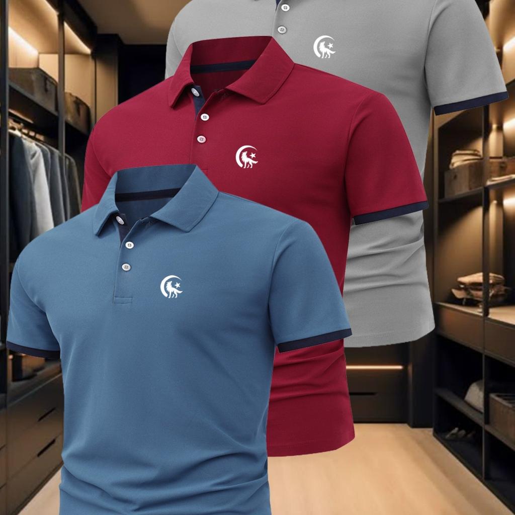 Herren-Polohemd-Set mit Wolfsdruck, Stilvoll und geeignet für Business Casual, Bequemes und atmungsaktives kurzärmeliges Polohemd für den Sommer