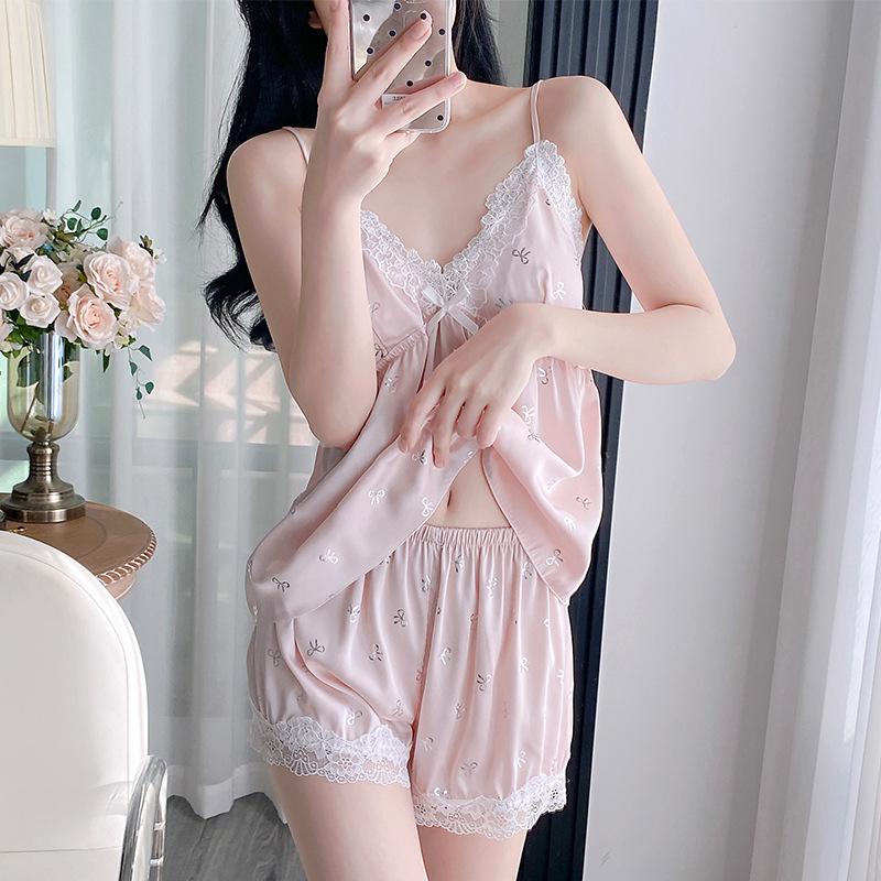 Women’s Summer Ice Silk Pajama Set Camisole Top and Shorts Sweet Sexy Pure Style Loungewear Sleepwear