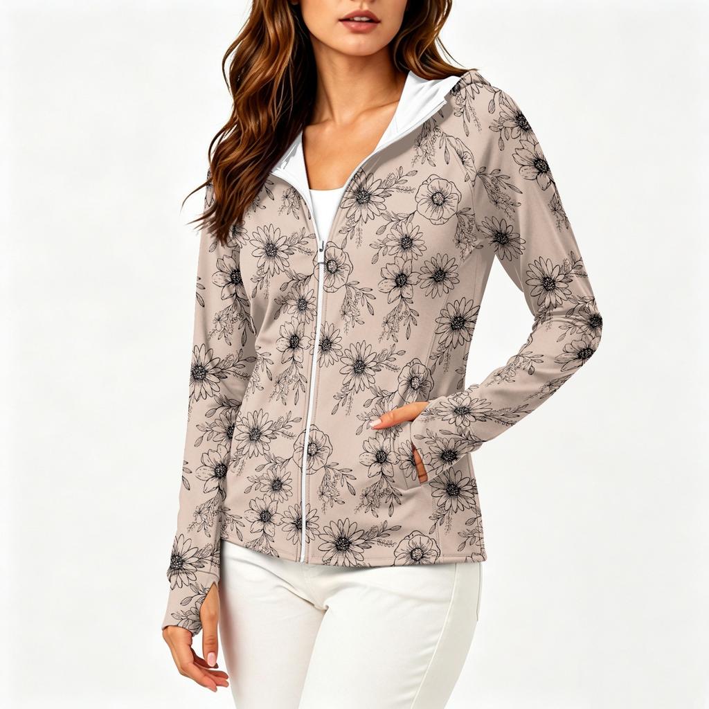 Women Lightweight Zip Up Hooded Jacket Long Sleeve with Pockets Printed Sun Protection Outerwear for Outdoor Activities
