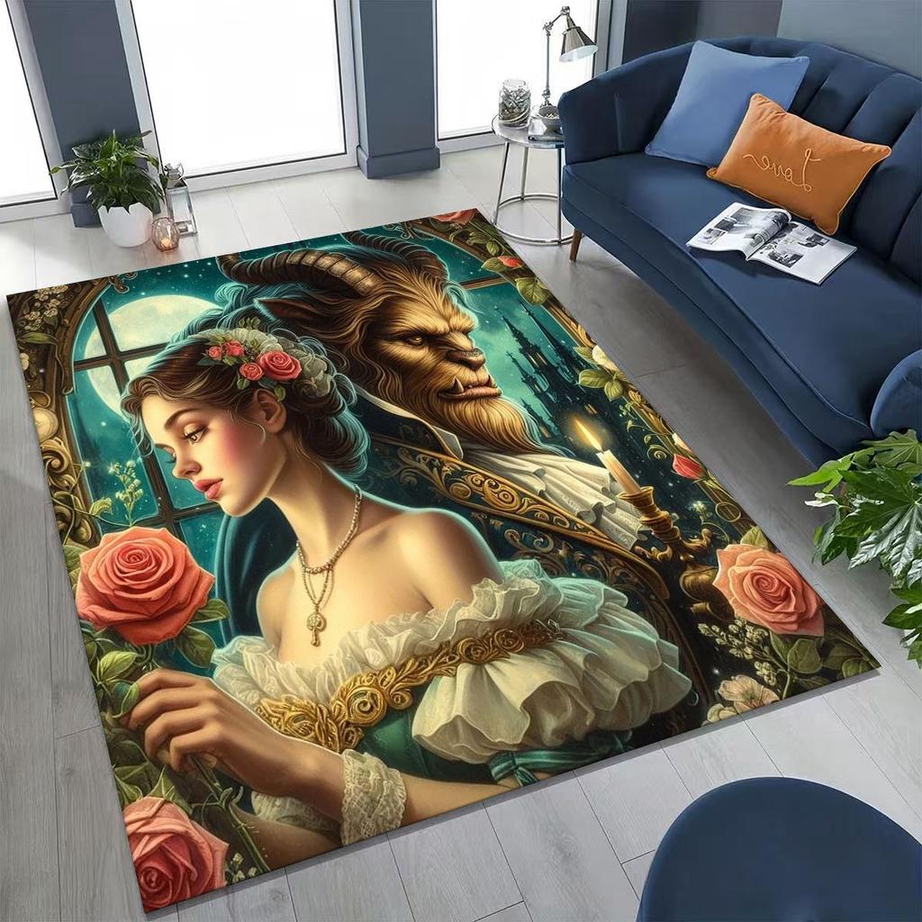 3D Lovely Beauty and The Beast Cartoon Rug for Bedroom Living Room Sofa Home Doormat Decor, Large Kids Play Non-slip Floor Mat