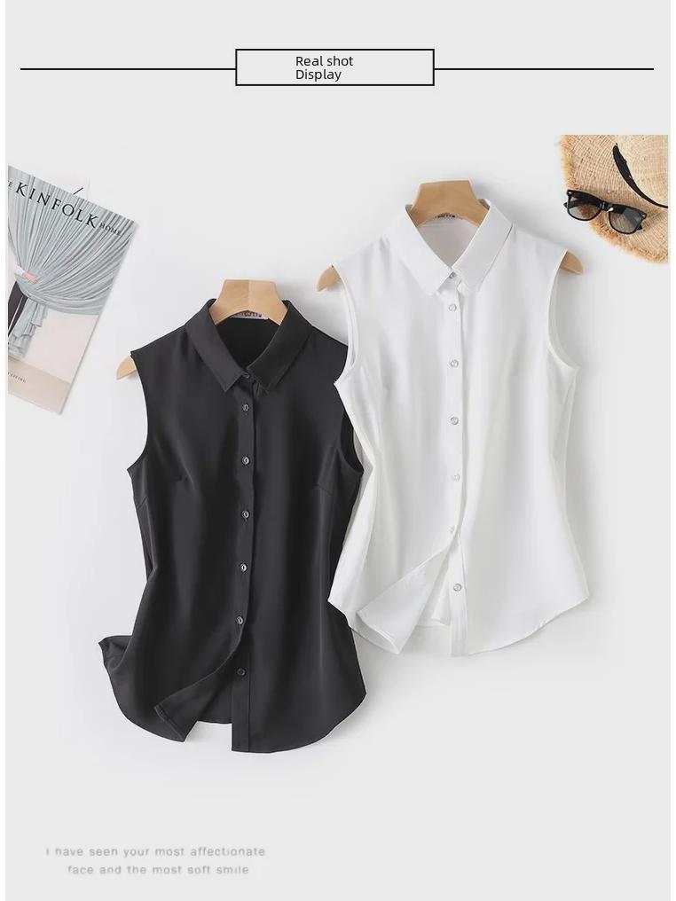 Women's White Sleeveless Chiffon Vest Top with Collar for Layered Wear