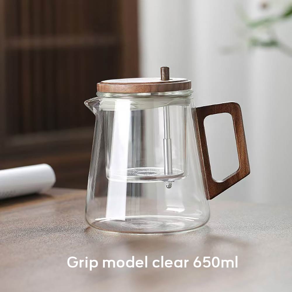 650ML Glass Tea Pot Kettle Infuser One Click Switch Heat-resistant Teapot Water Separation Inner Tea Filtration Wooden Handle