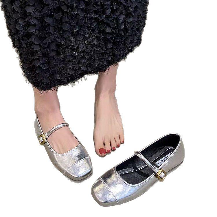 Silver Square Head Soft Sole Light Mouth Mary Jane Shoes Women's 2025 New Spring and Summer Word with Retro French Flat Shoes