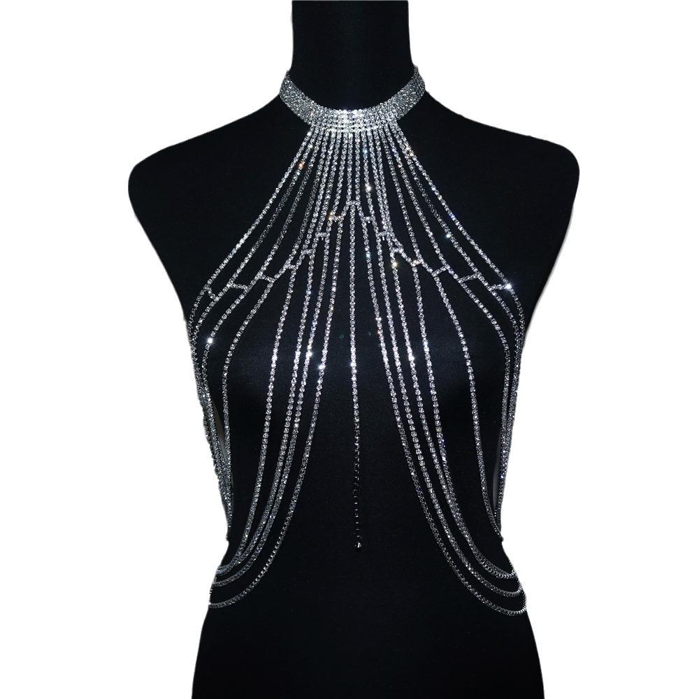 European And American Fashion Exaggerated Long Fringed Rhinestone Chest Chain Accessories, Nightclub Shiny Sexy Neck Chain Women'S Body Chain