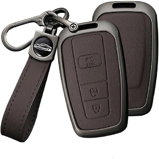 HIBEYO 3 Button Key Fob Cover Compatible with Toyota 4Runner 2016-2024 RAV4 Camry Prius Prado Key Leather & Alloy Key Cover Accessories with – buy at low prices in the online store