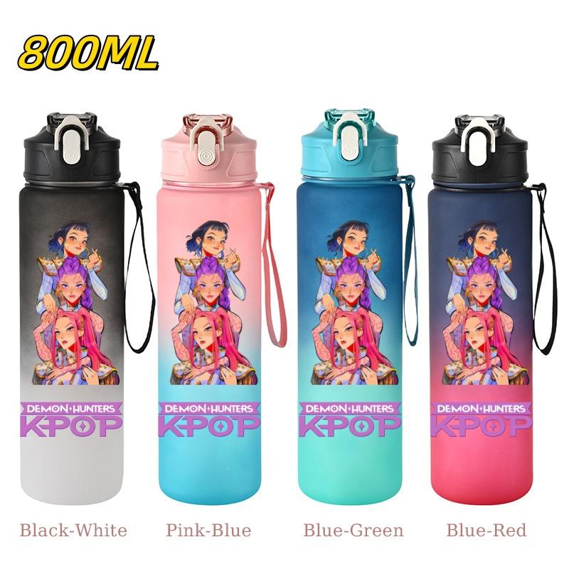 800ML KPop Demon Hunters Gradient Cartoon Print Large Capacity Straw Water Cup Outdoor Portable Sports Drink Bottles Travel Mug