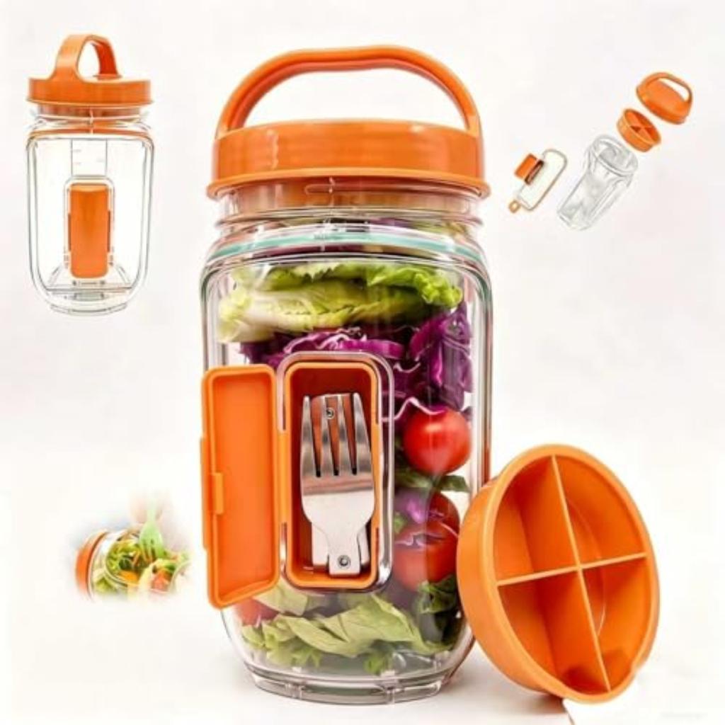 Kunststoff-Salataufbewahrungsbehälter mit seitlich zu öffnendem Deckel und Gabel-Fach Auslaufsicheres Lebensmittelaufbewahrungsglas mit luftdichtem Verschluss Tragbare Lunchbox