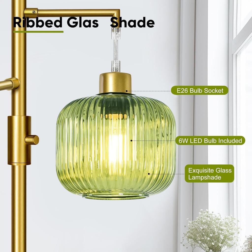 Floor Lamp for Living Room, Dimmable Gold Standing Lamp with Green Glass, 3×600LM LED Included