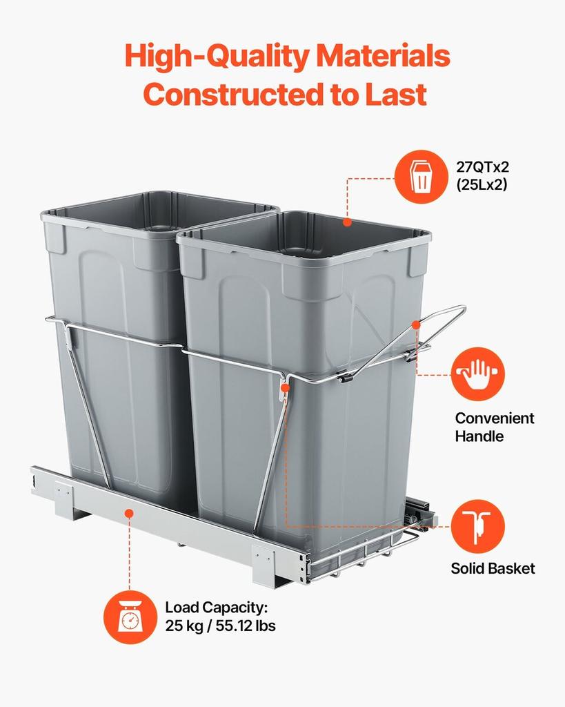 Double Pullout Waste Container Under Cabinet Kitchen Bin Trash Can