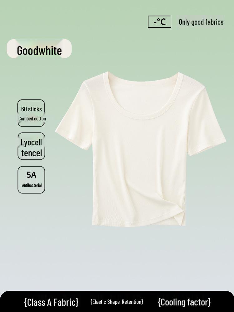 5A Antibakterielles Damen einfarbiges Tencel Baumwoll Ripp Kurzarm Sommer T-Shirt