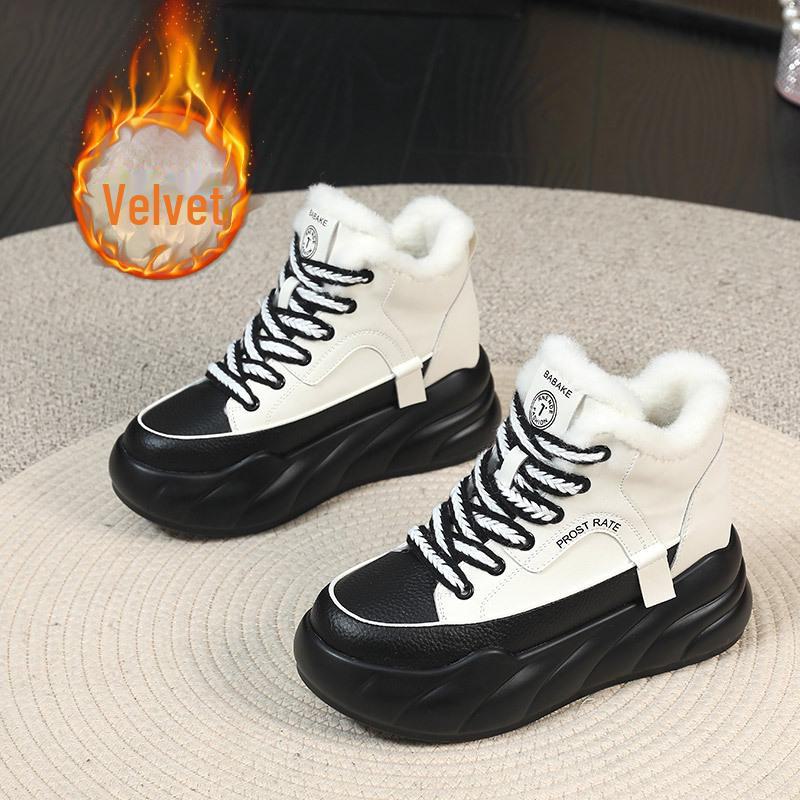 

Женские белые высокие кожаные зимние ботинки с бархатной подкладкой: Теплая зимняя одежда, увеличивающая рост 35