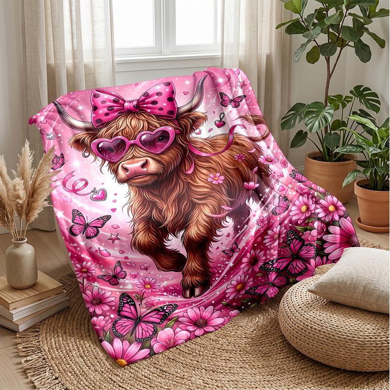 Pink Cow with Strawberry Ice Cream Theme blanket Lightweight Warm Flannel Blanket Decorative Throw Blanket for Home Decoration
