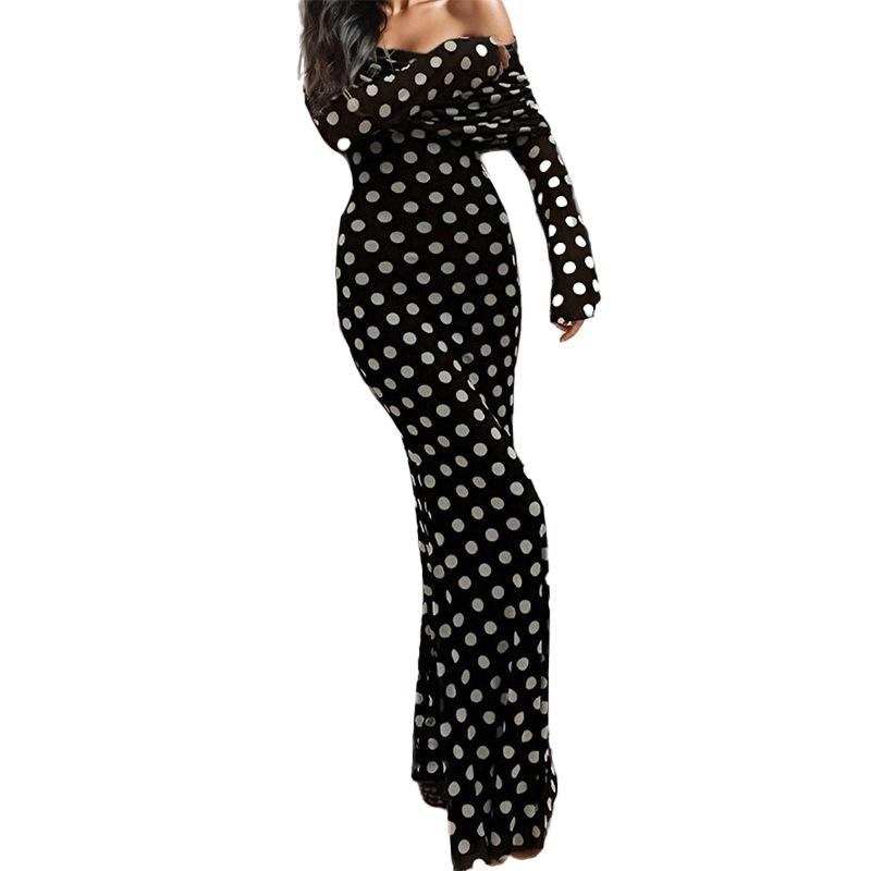 European and American women's clothing, new spring models, retro polka dot off-the-shoulder tight-fitting hip-wrapped long dress, dress.