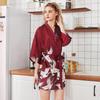 Women Robe Kimono Bathrobe Navy Blue Print Nightgown Sleepwear Silky Soft Satin Nightwear Sexy Short Nightdress Casual Homewear