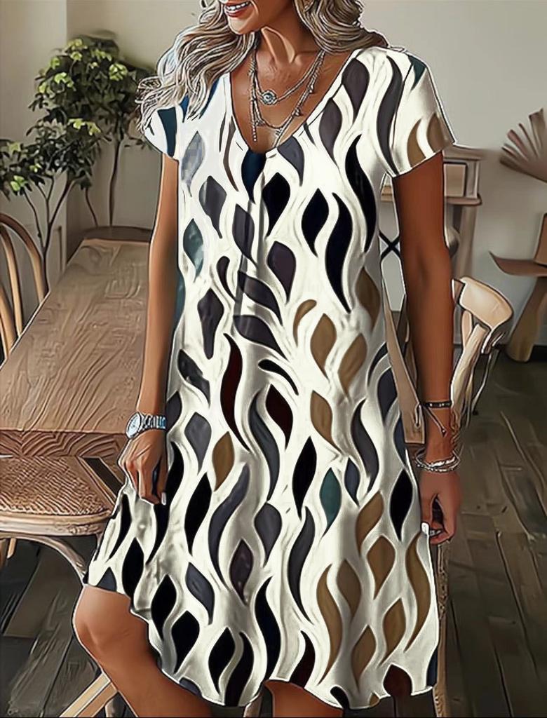 Summer Large Size Women's V-Neck Loose Pullover Casual Fashion Printed Short Sleeve Dress
