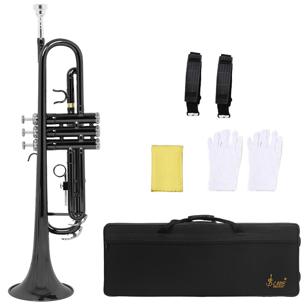 Bb Trumpet B Flat Brass body Trumpet Performance Beginners Pro Brass Musical Instrument with Straps Gloves Wipping Cloth Parts