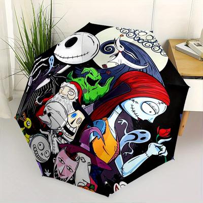 Nightmare Before Christmas, Halloween Automatisches Öffnungs- und Schließschirm - 8 Rippen Tragbarer Faltregenschirm mit Kunststoffgriff, Geeignet
