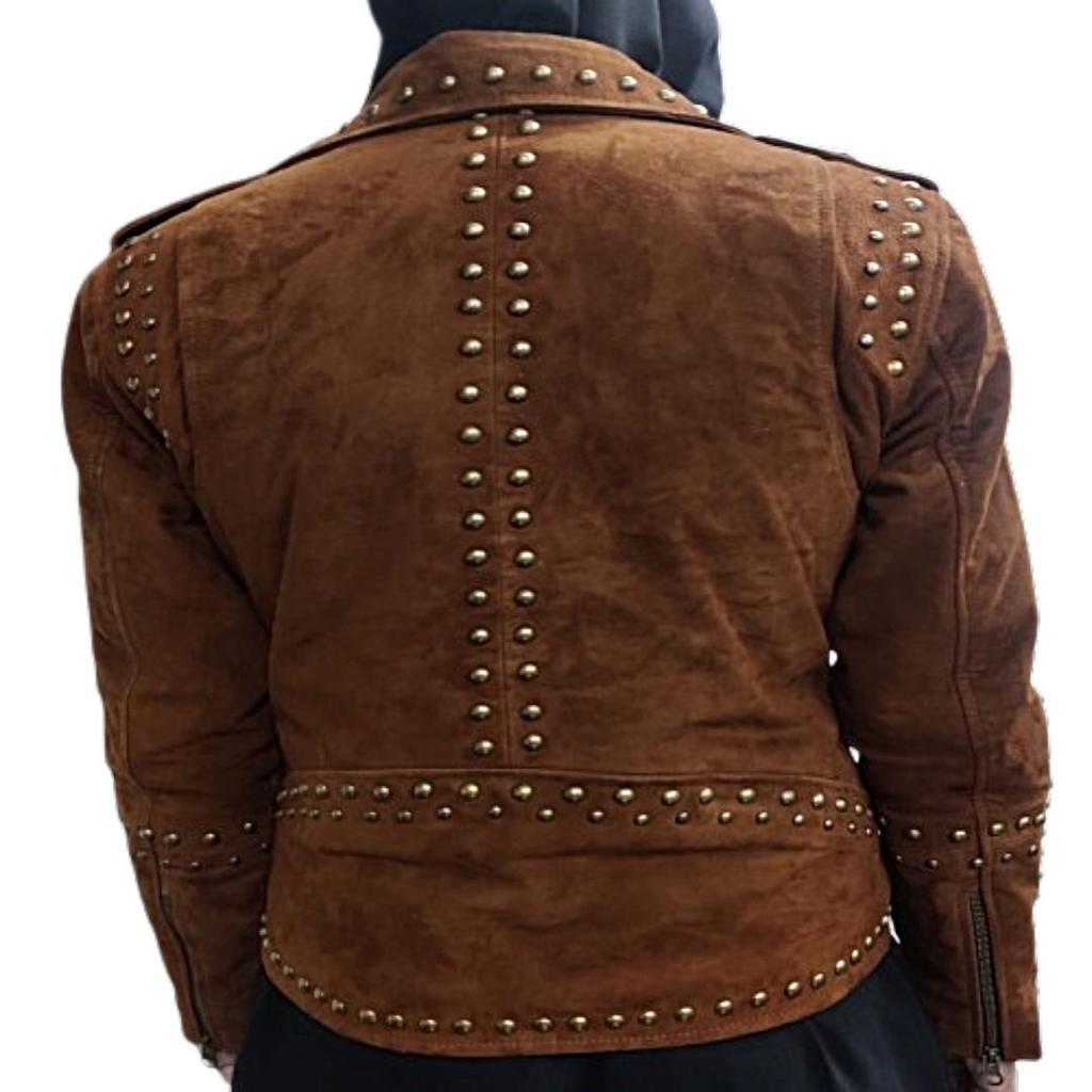 Women's American Style, Lambskin Brown Suede, Studded Jacket, With Zipper & Jacket,| Shoulder Strap, Gifts for her ,Cowgirl Jacket