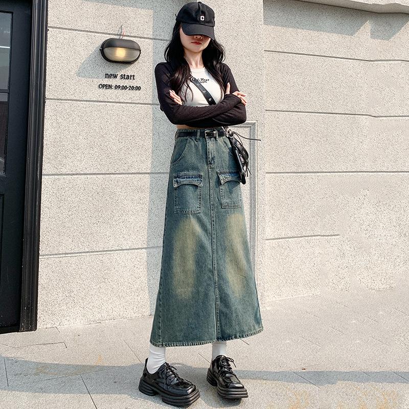 Retro High Waist Slit Denim Skirt for Women In Summer Thin New Loose and Slim A-line Midi Skirt