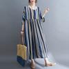 Real Shot Summer New Literary Large Size Loose Splicing Striped Short-sleeved Dress Women's Long Dress