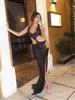 Spring/Summer Deep V Cut-Out Lurex Hand-Crocheted Knit Dress with Lace-Up Slit