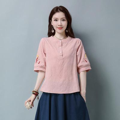 Women's Cotton Jacquard Casual Loose Fit Round Neck T-shirt with Five-point Sleeves, Plus Size, Summer Versatile Top