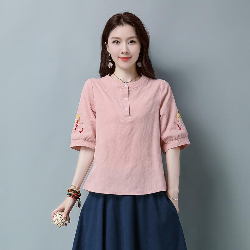 

Women s Cotton Jacquard Casual Loose Fit Round Neck T-shirt with Five-point Sleeves, Plus Size, Summer Versatile Top XL рожевий