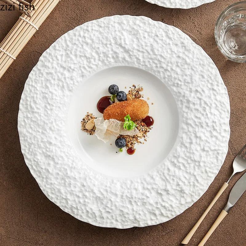 Assiette à bord large en céramique à motifs rocheux, assiette à steak, assiette à pâtes, assiettes à dessert, assiettes à sushi, vaisselle de spécialité pour restaurant
