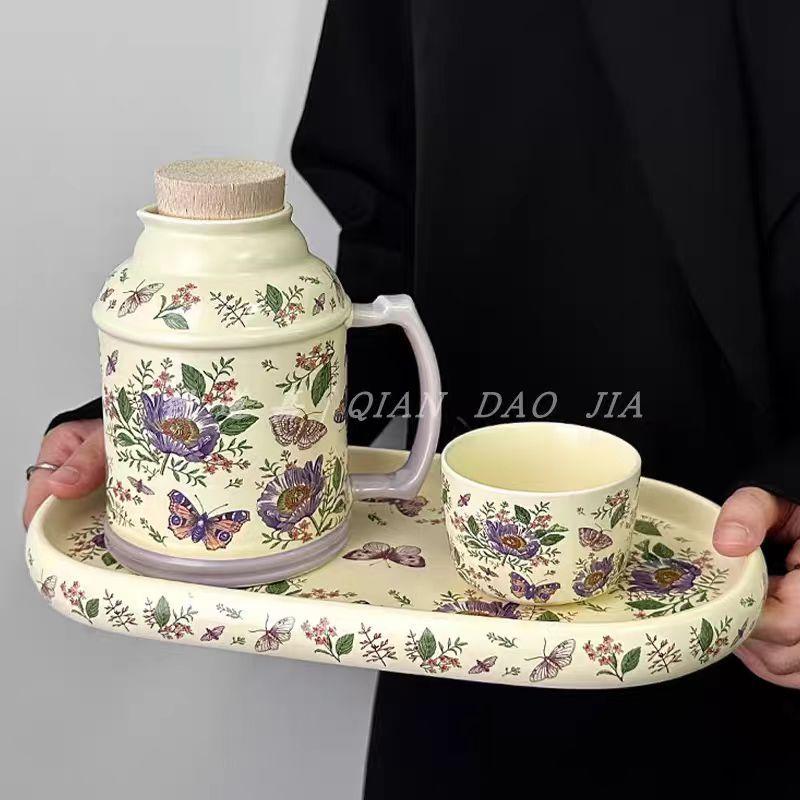 Retro Design Wind Chimes Flower Kettle Cup Set, Afternoon Tea Ceramic Cup, High-End Sense, Large-Capacity Teacup With Lid