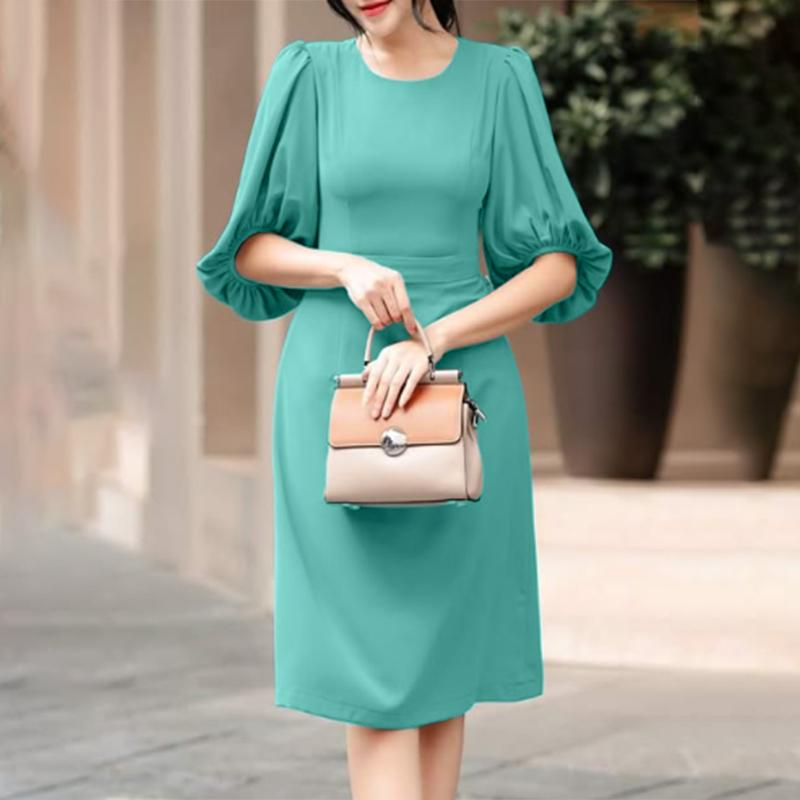 

ZANZEA Женское повседневное элегантное платье с круглым вырезом и рукавами-фонариками 5XL циан