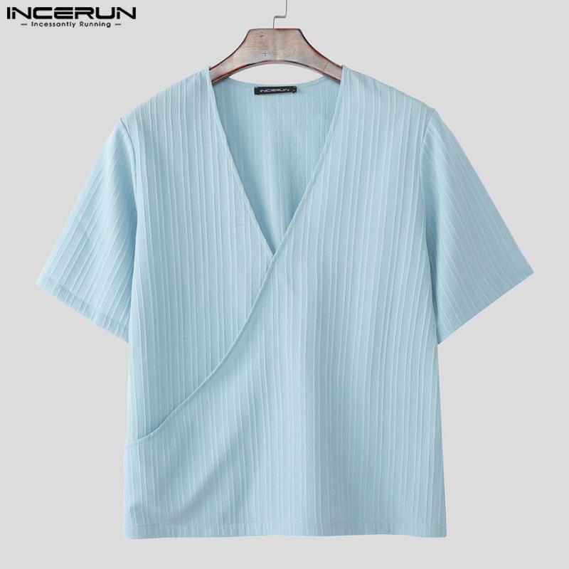 INCERUN Conjuntos de dos piezas para hombre con camisa de manga corta con textura y cuello en V y pantalones largos rectos