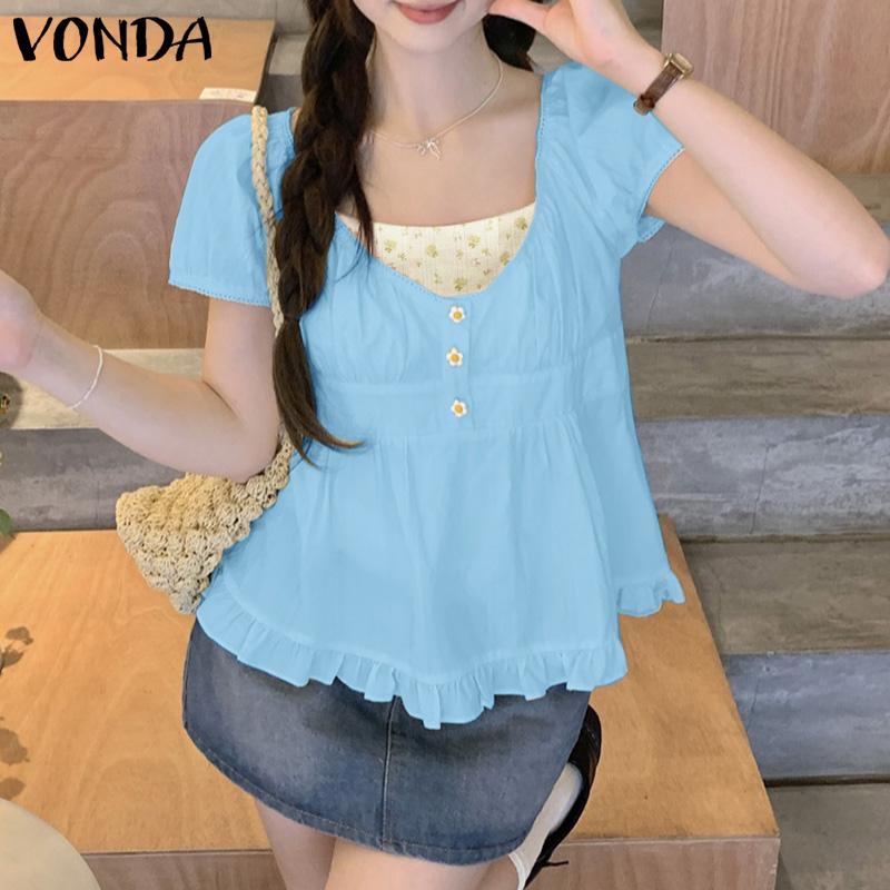 

VONDA Women Summer Puff Sleeve Crochet Hem Patchwork Ruffled Casual Blouse L синий